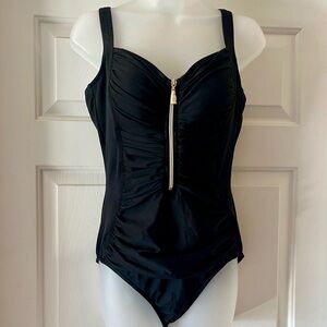 Miraclesuit L Stylish One Piece Front Zip Swimsuit in Deep Black Like New